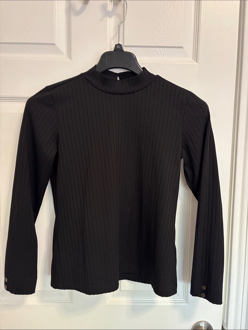Esprit Black Ribbed Mock-Neck Long Sleeve Top with Cuff Buttons